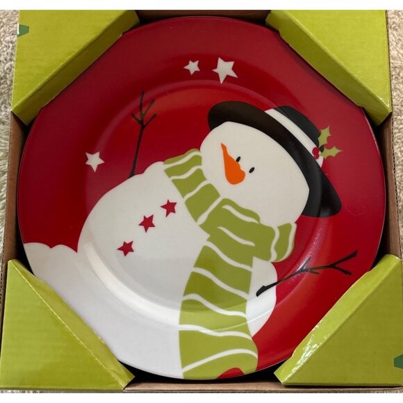 4 Snowman Plates Red & Green Holiday Design 7.5 Inch Ceramic Winter Festive - Picture 2 of 4